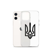 Clear iPhone case with Ukrainian Tryzub symbol, offering protection and style while showcasing your phone's original color.