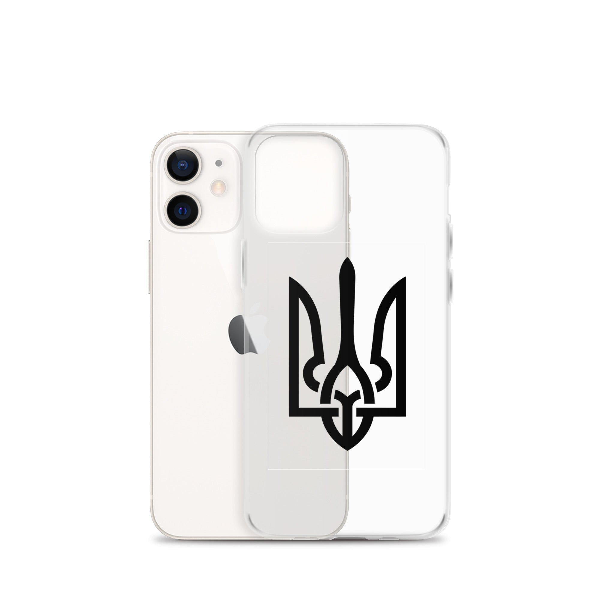 Clear iPhone case with Ukrainian Tryzub symbol, offering protection and style while showcasing your phone's original color.