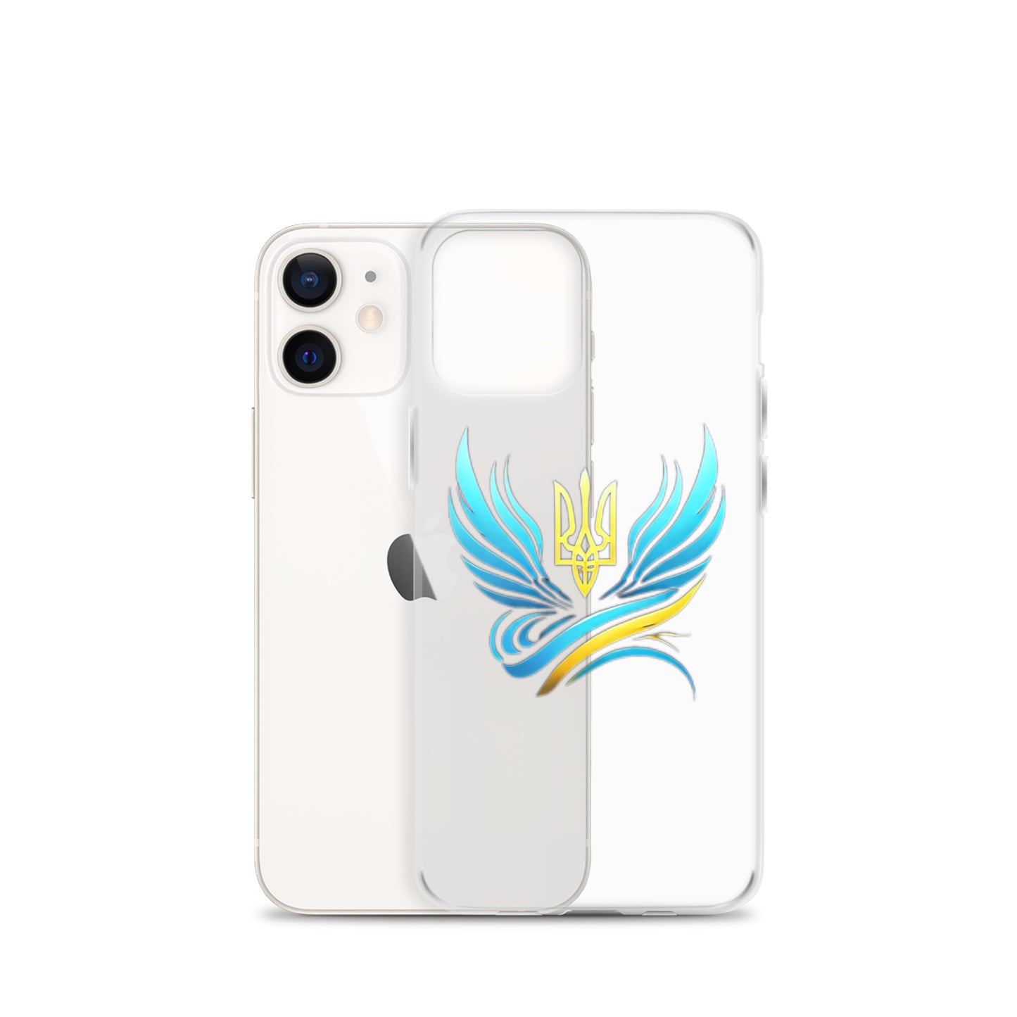 Clear iPhone case with Ukrainian Tryzub emblem, showcasing blue and yellow design, offers protection while displaying national pride.