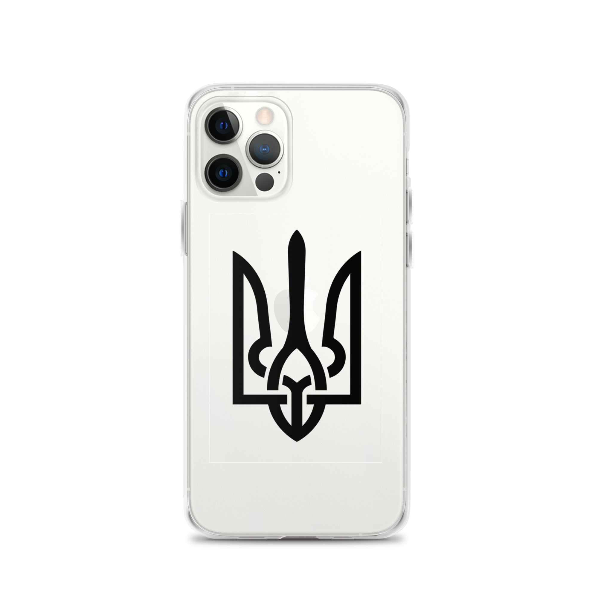 Clear iPhone case with Ukrainian Tryzub symbol showing design and durability for phone protection.