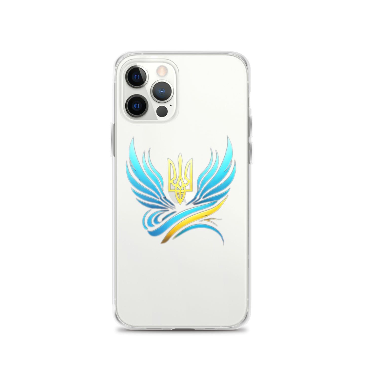 Clear iPhone case with Ukrainian Tryzub emblem and blue wings design, showcasing national pride while protecting against scratches and impacts.