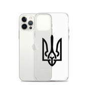 Clear iPhone case with Ukrainian Tryzub symbol showcasing protection and style.