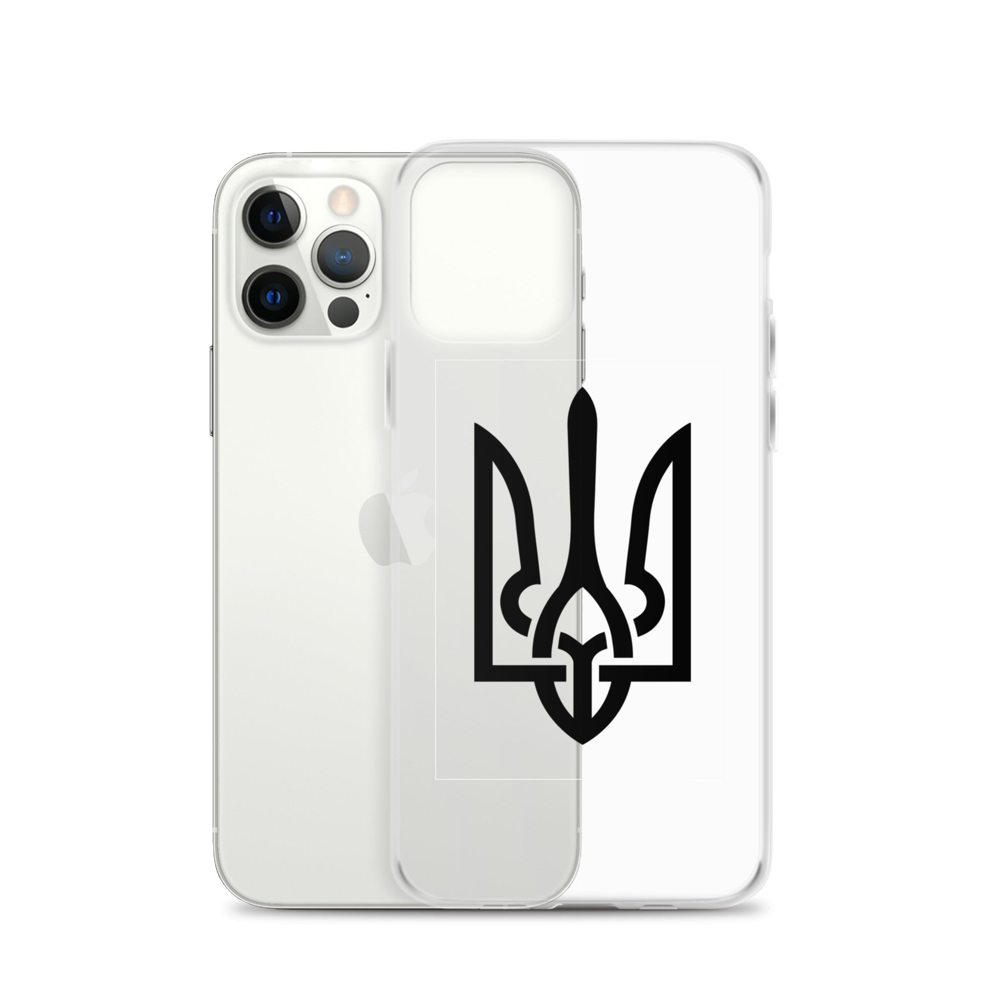Clear iPhone case with Ukrainian Tryzub symbol showcasing protection and style.