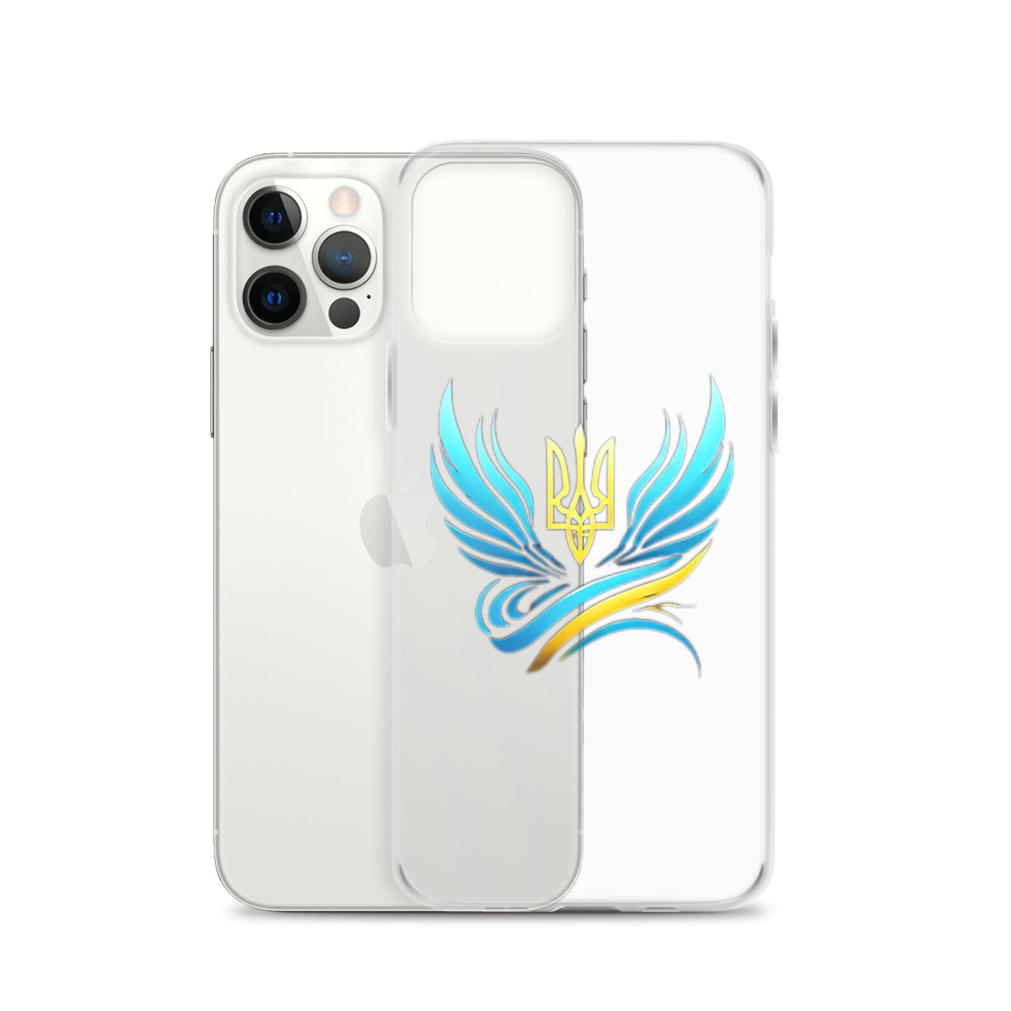 Clear iPhone® case with Ukrainian Tryzub emblem, showcasing national pride while protecting against scratches and impacts.