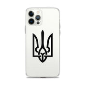 Clear iPhone case with Ukrainian Tryzub symbol, showcasing national pride while providing protection and style.