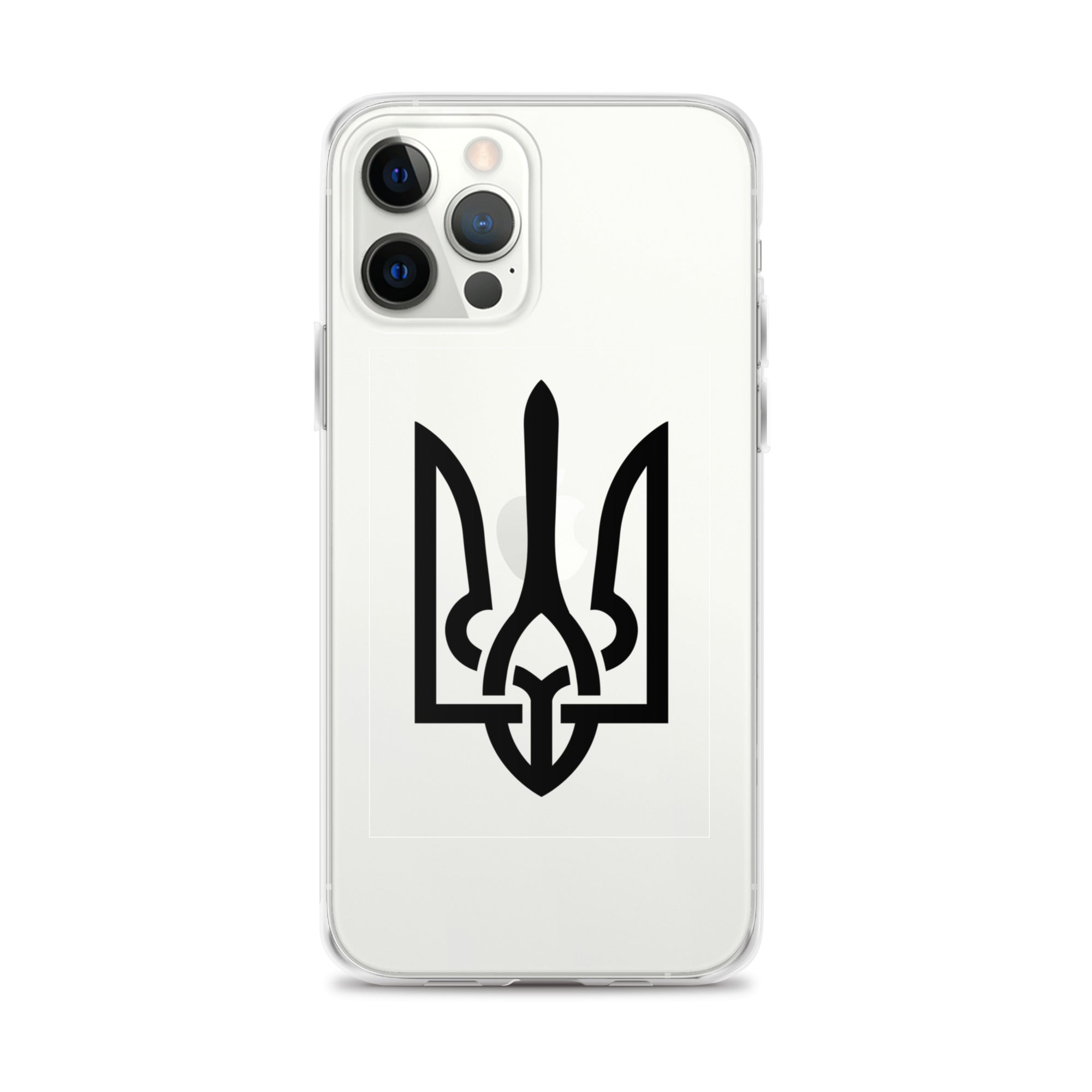 Clear iPhone case with Ukrainian Tryzub symbol, showcasing national pride while providing protection and style.