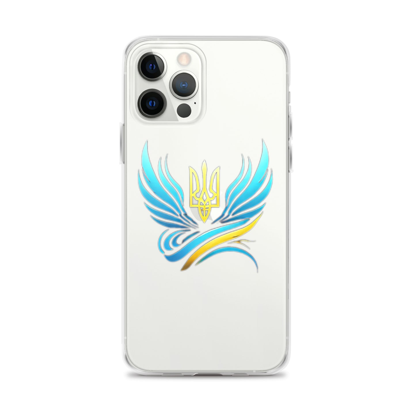 Clear iPhone case with Ukrainian Tryzub emblem, showcasing national pride while protecting your phone from scratches and impacts.