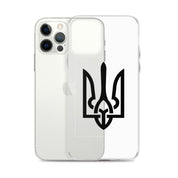 Clear iPhone case featuring Ukrainian Tryzub symbol for stylish protection and easy access to ports.