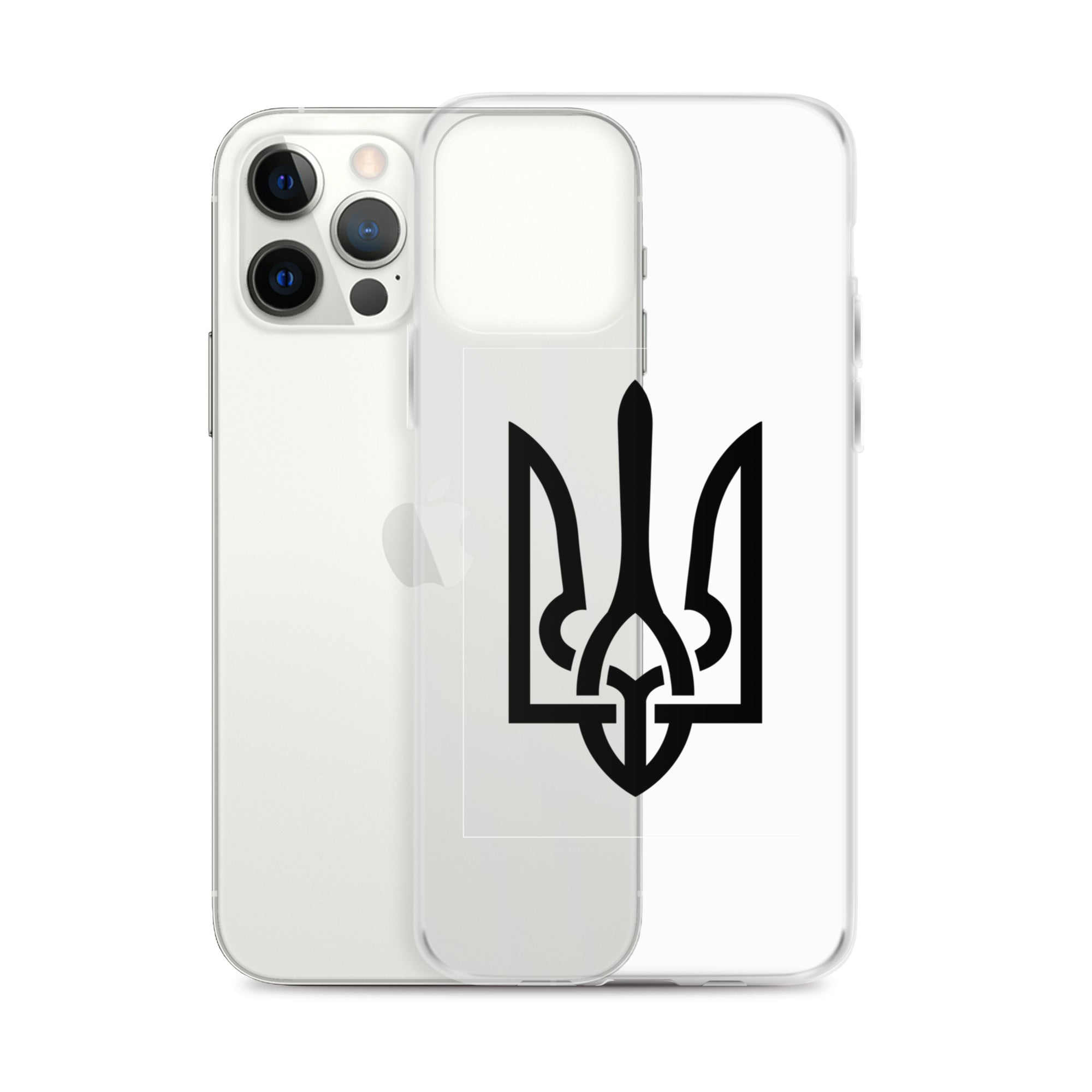 Clear iPhone case featuring Ukrainian Tryzub symbol for stylish protection and easy access to ports.
