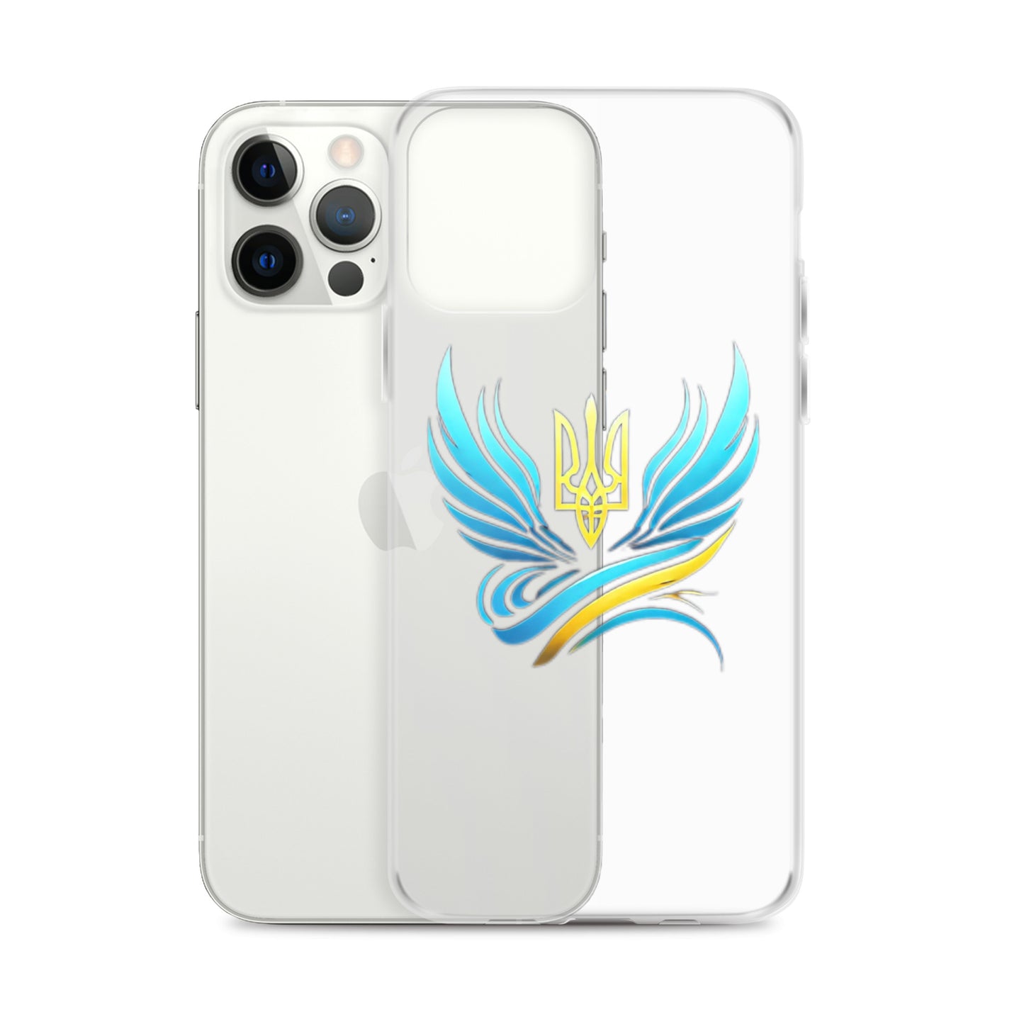 Clear iPhone case with Ukrainian Tryzub emblem, showcasing national pride while protecting against scratches and impacts.