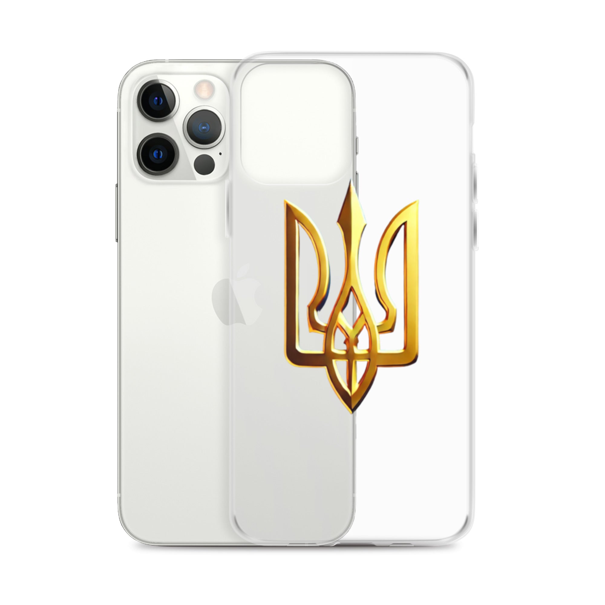 Clear iPhone case with Ukrainian Tryzub emblem, showcasing heritage and phone's original color while providing strong protection.