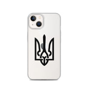 Clear iPhone case with Ukrainian Tryzub symbol, showing protection and style for your device while displaying national pride.