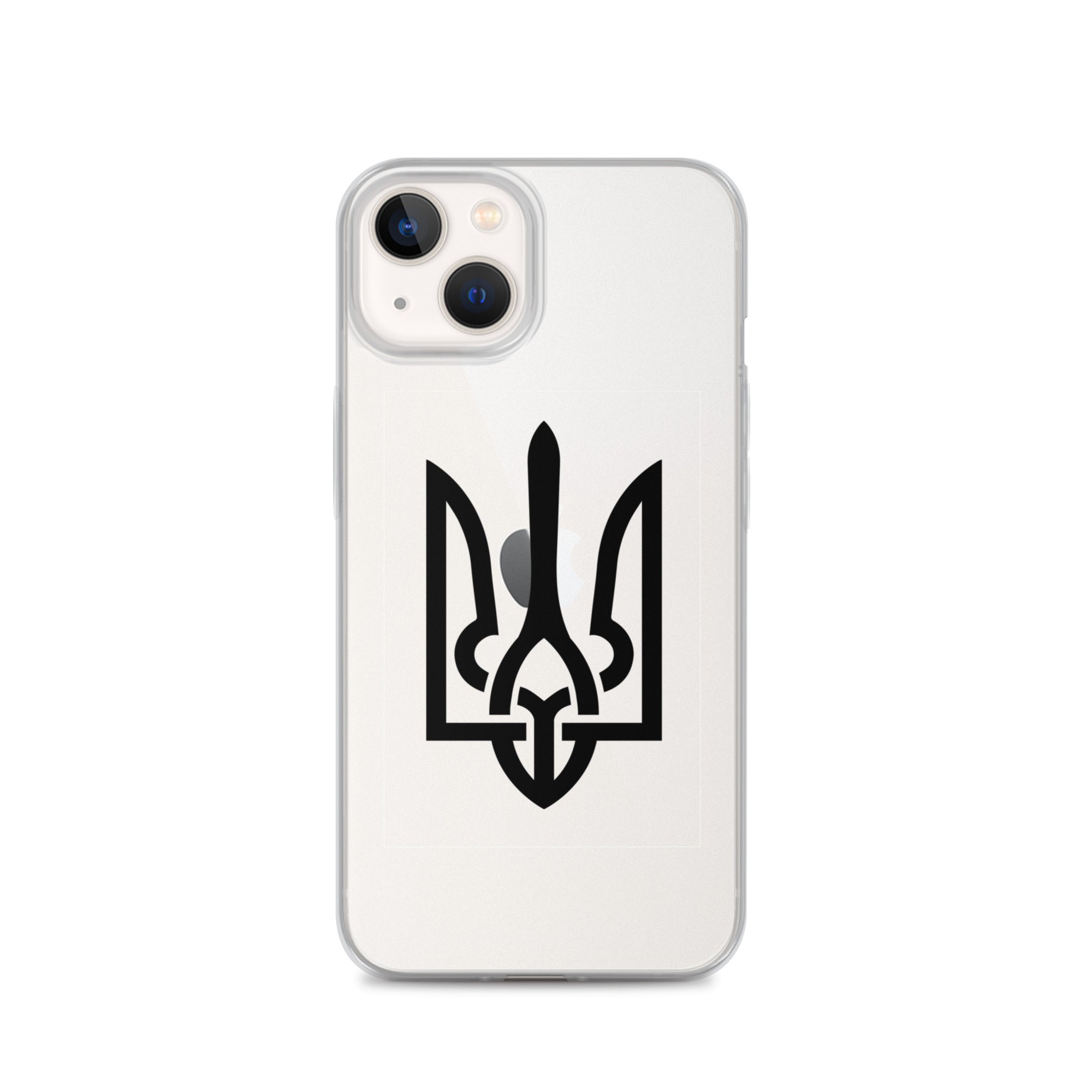 Clear iPhone case with Ukrainian Tryzub symbol, showing protection and style for your device while displaying national pride.