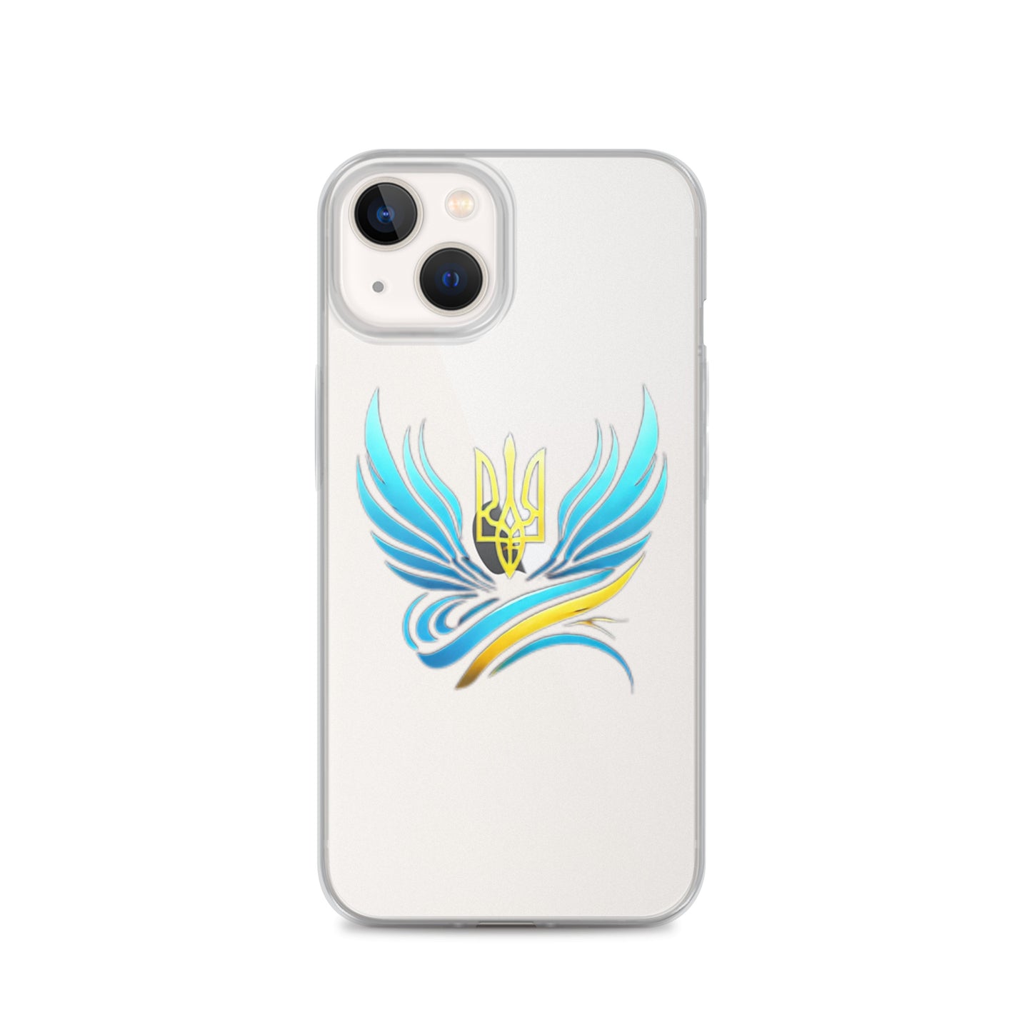 Clear iPhone case with Ukrainian Tryzub emblem, blue and yellow design, showcasing national pride and phone protection.