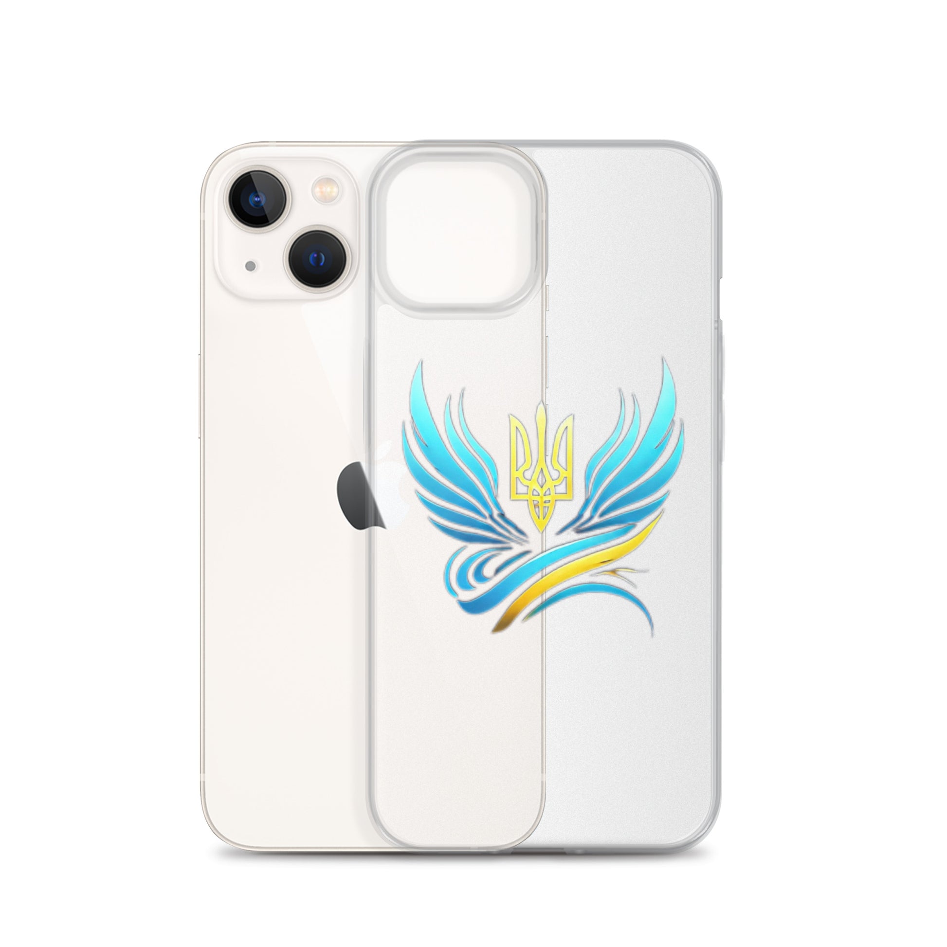 Clear iPhone case with Ukrainian Tryzub emblem, showcasing national pride while protecting the phone from scratches and impacts.