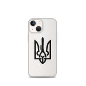 Clear iPhone case with Ukrainian Tryzub symbol for style and protection, offering scratch resistance and easy access to ports.