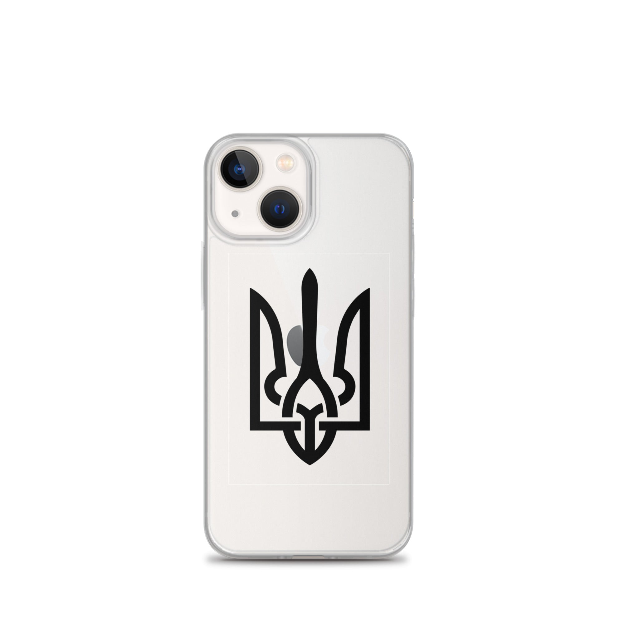 Clear iPhone case with Ukrainian Tryzub symbol for style and protection, offering scratch resistance and easy access to ports.