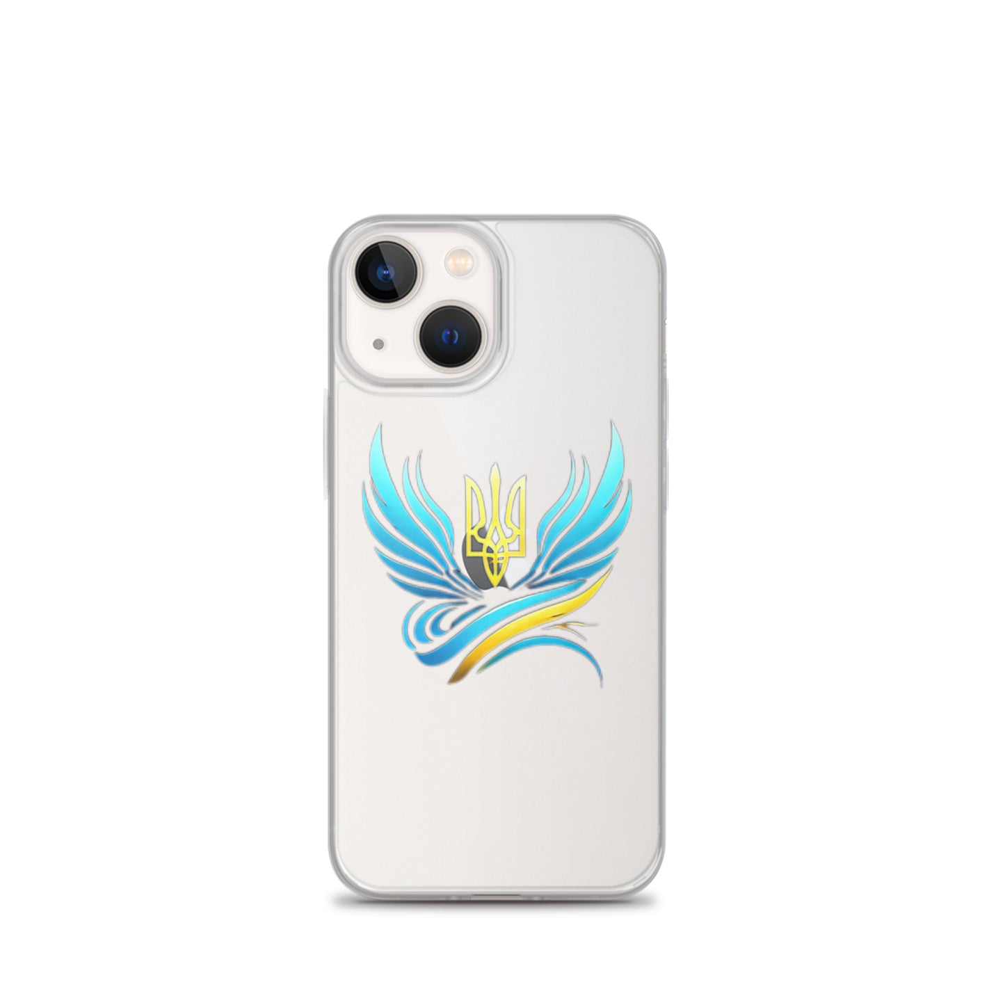 Clear iPhone case with Ukrainian Tryzub emblem, showing off striking design and protection features, flexible sides, and precise cutouts.