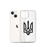 Clear iPhone case with Ukrainian Tryzub symbol displayed, showcasing device protection and national pride.
