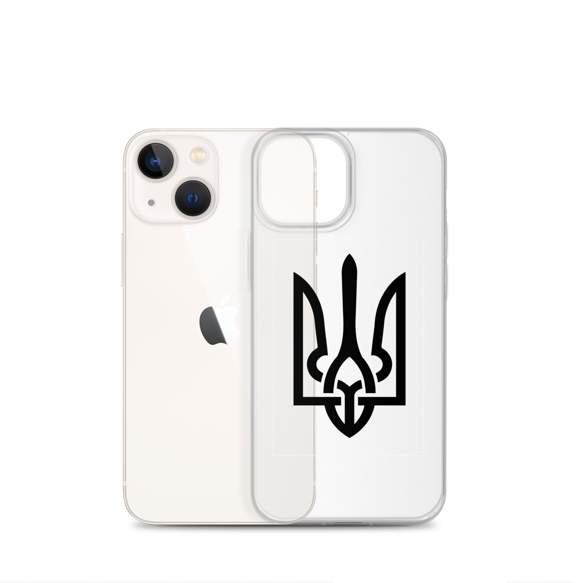 Clear iPhone case with Ukrainian Tryzub symbol displayed, showcasing device protection and national pride.