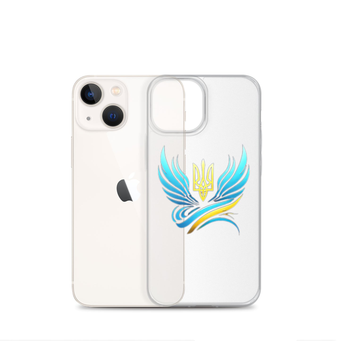 Clear iPhone case with Ukrainian Tryzub emblem, showing phone color, offers protection and Ukrainian pride.