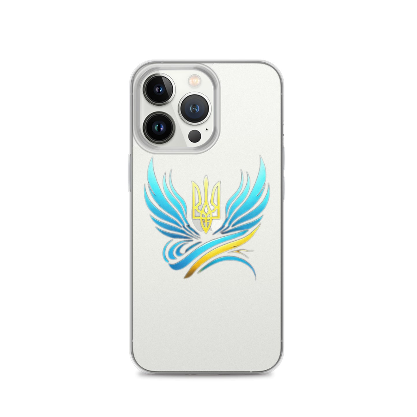 Clear iPhone case with Ukrainian Tryzub emblem and blue wings design, offering protection and showcasing national pride.