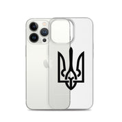 Clear iPhone case with Ukrainian Tryzub symbol, showcasing design and protection while allowing the phone's original color to shine.