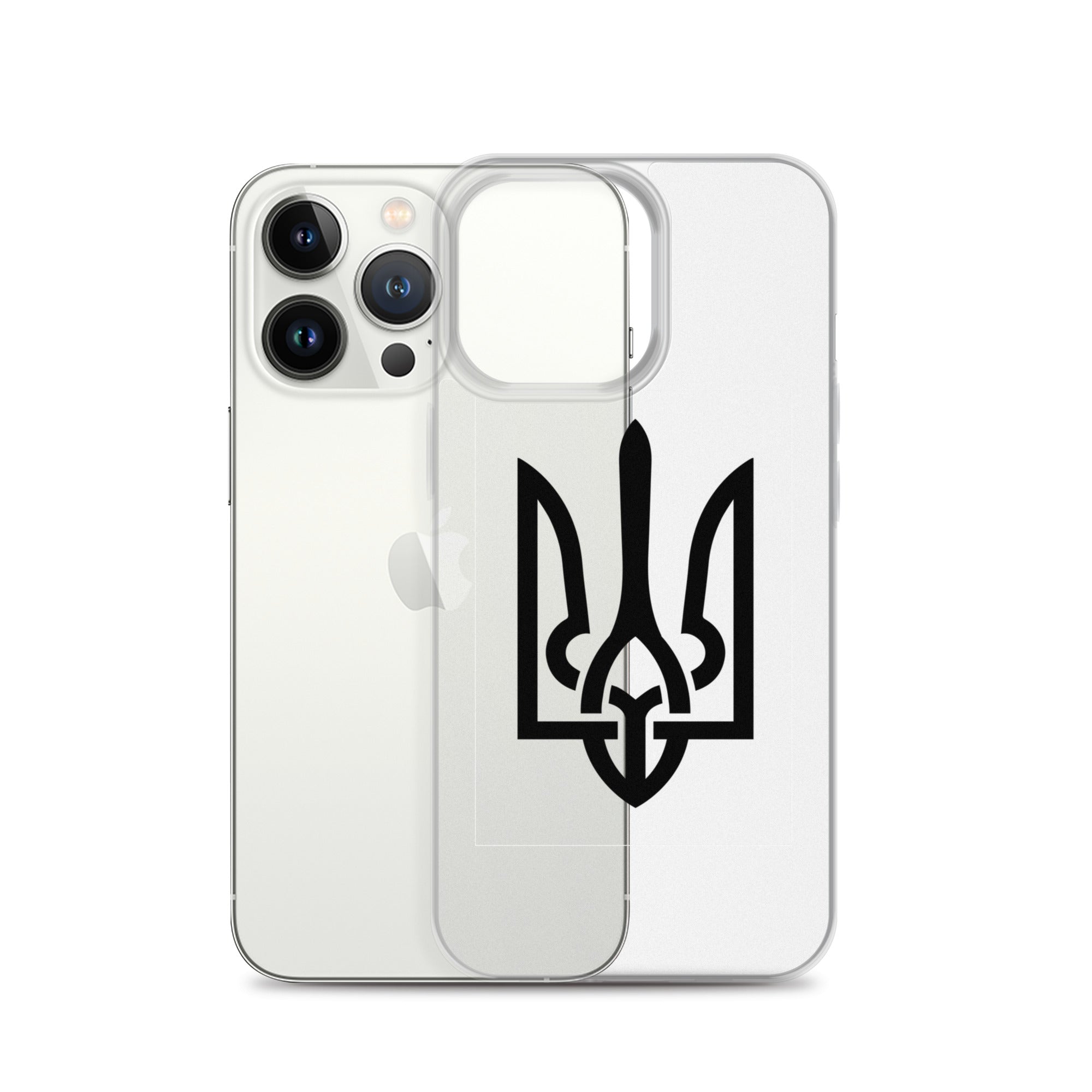 Clear iPhone case with Ukrainian Tryzub symbol, showcasing design and protection while allowing the phone's original color to shine.