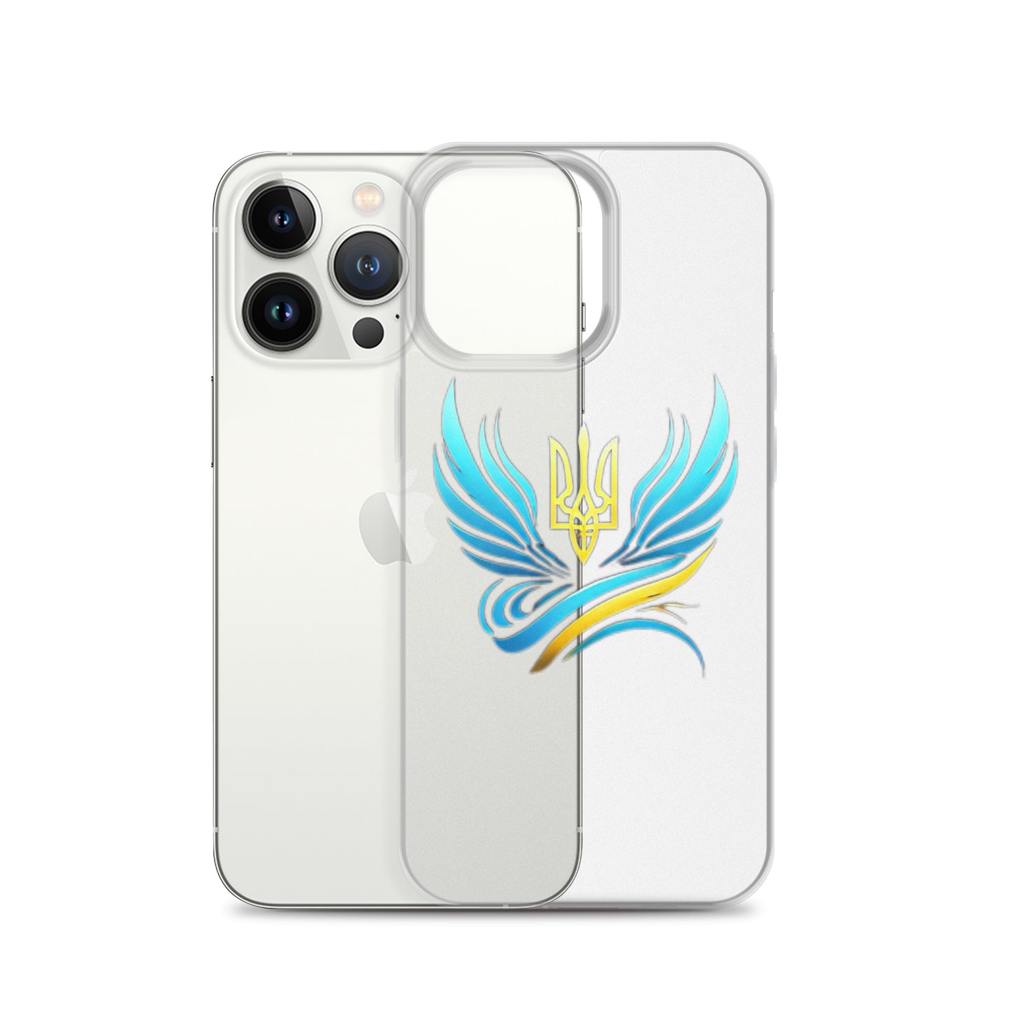 Clear iPhone case featuring Ukrainian Tryzub emblem with blue and yellow wings design, showing phone's original color.