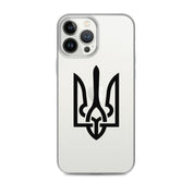 Clear iPhone case with Ukrainian Tryzub symbol, offering protection and style while showcasing your heritage.