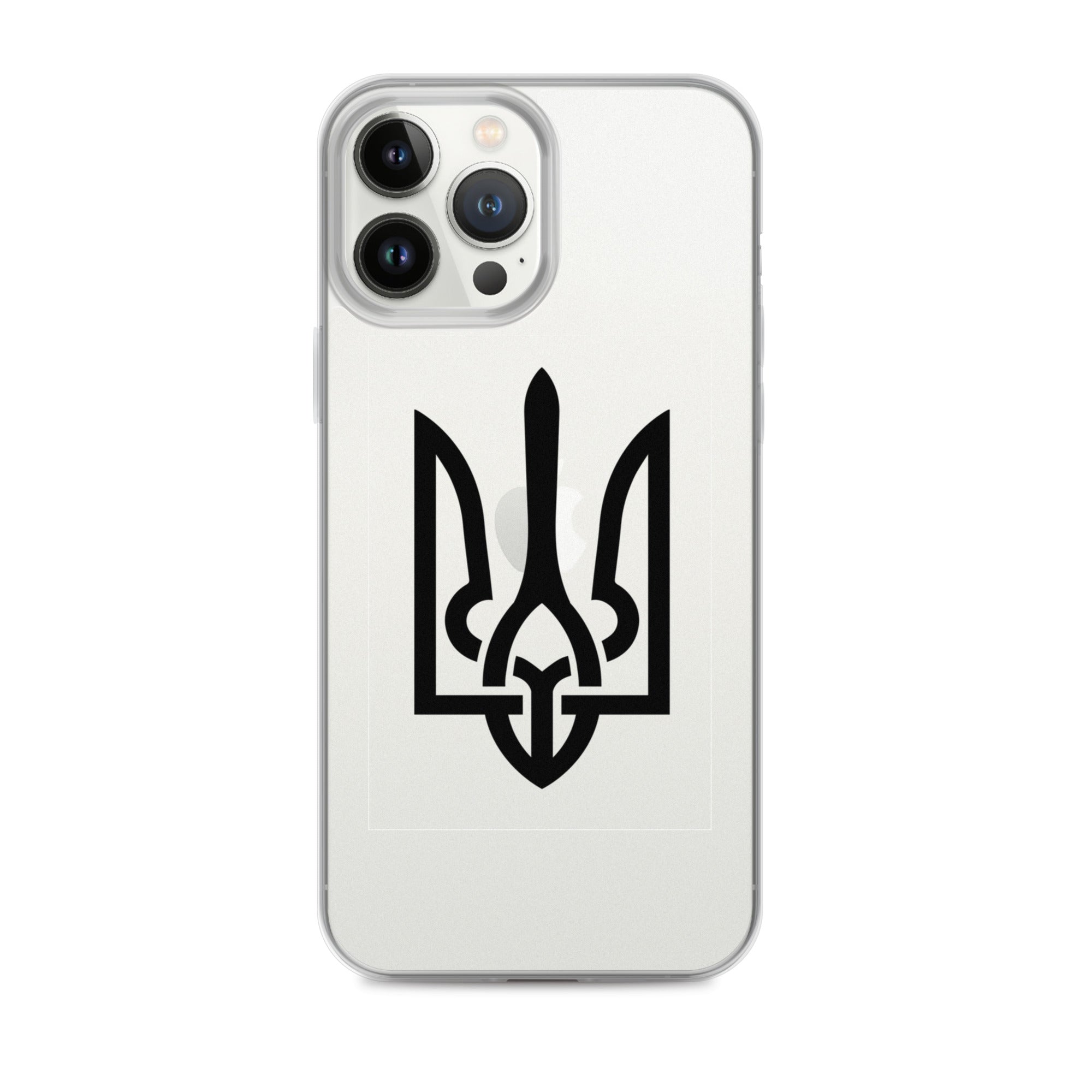 Clear iPhone case with Ukrainian Tryzub symbol, offering protection and style while showcasing your heritage.