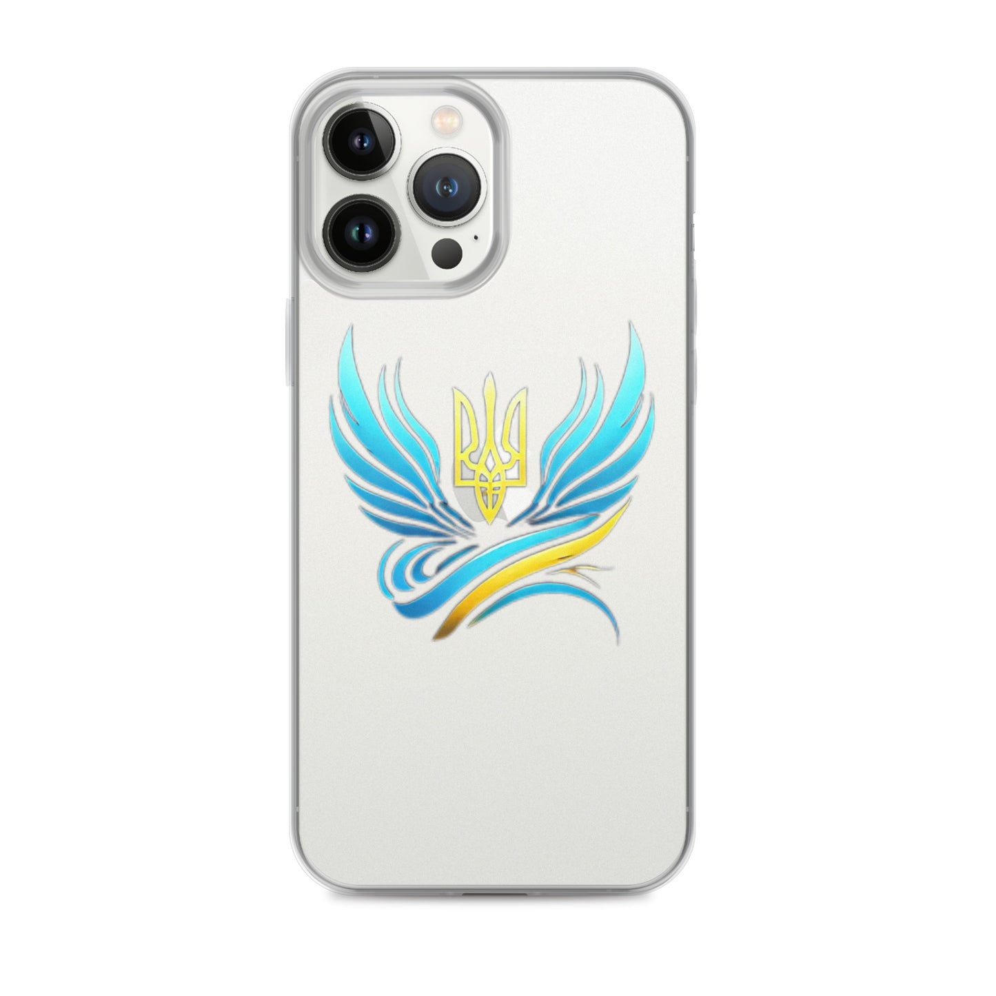 Clear iPhone® case with Ukrainian Tryzub emblem, showcasing blue and gold design on durable polycarbonate back.