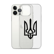 Clear iPhone case with Ukrainian Tryzub symbol offering stylish protection and showcasing phone's original color.