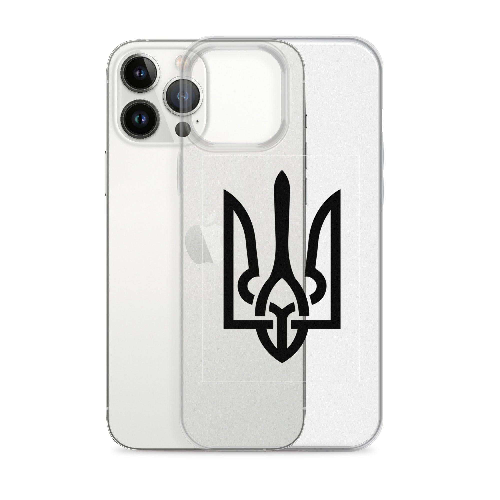 Clear iPhone case with Ukrainian Tryzub symbol offering stylish protection and showcasing phone's original color.