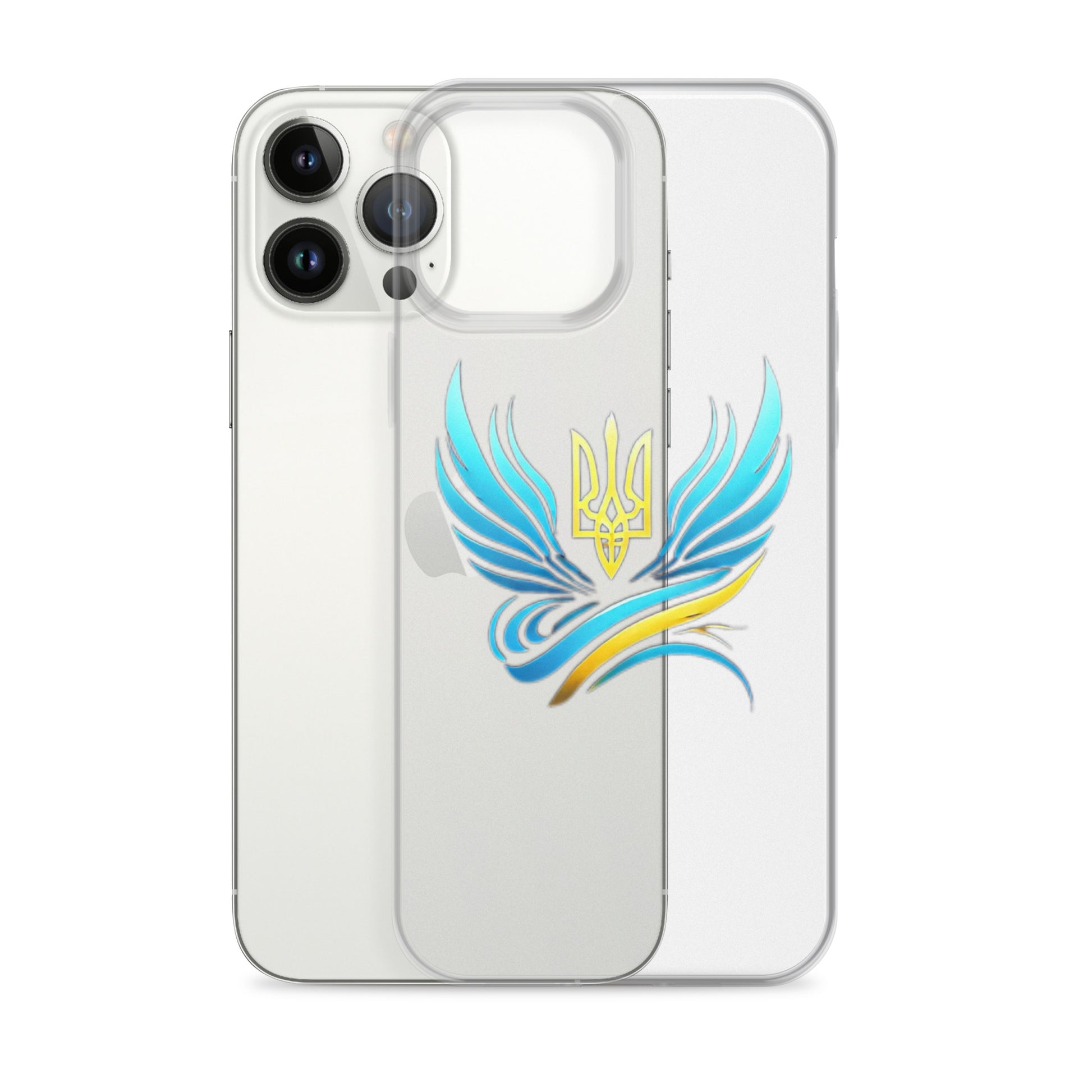 Clear iPhone case with Ukrainian Tryzub emblem, showcasing blue and yellow design on transparent polycarbonate backing.