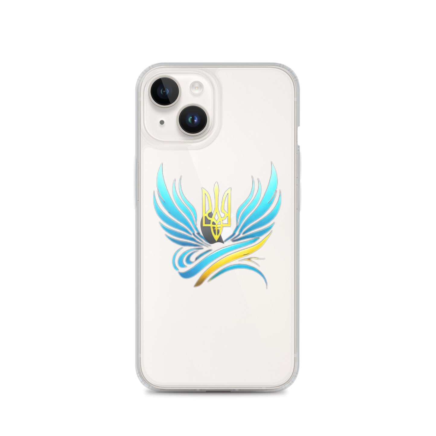 Clear iPhone case with Ukrainian Tryzub emblem, showcasing national pride with protective polycarbonate and flexible sides.