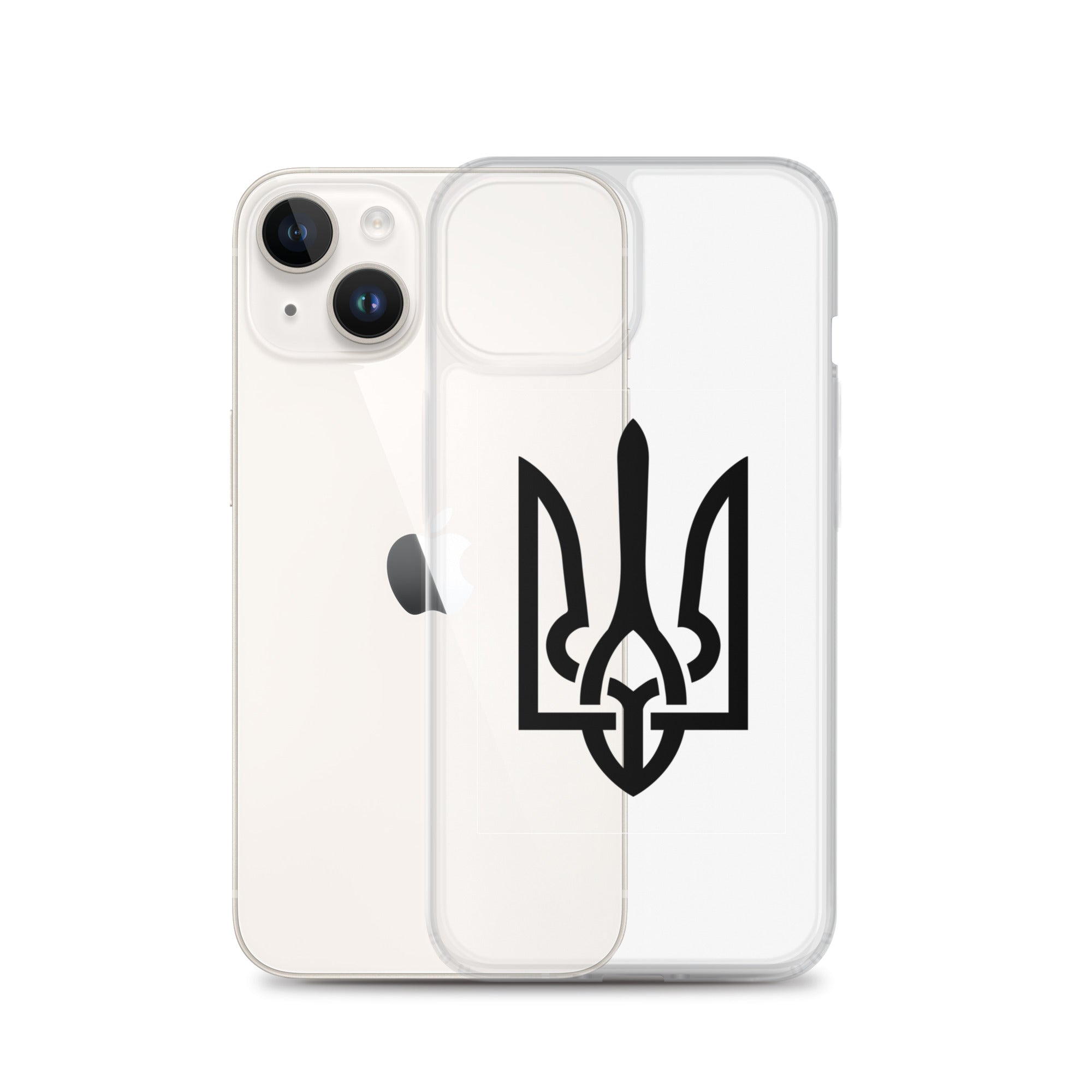 Clear iPhone case with Ukrainian Tryzub symbol for protection and style, featuring flexible sides and precise port openings.