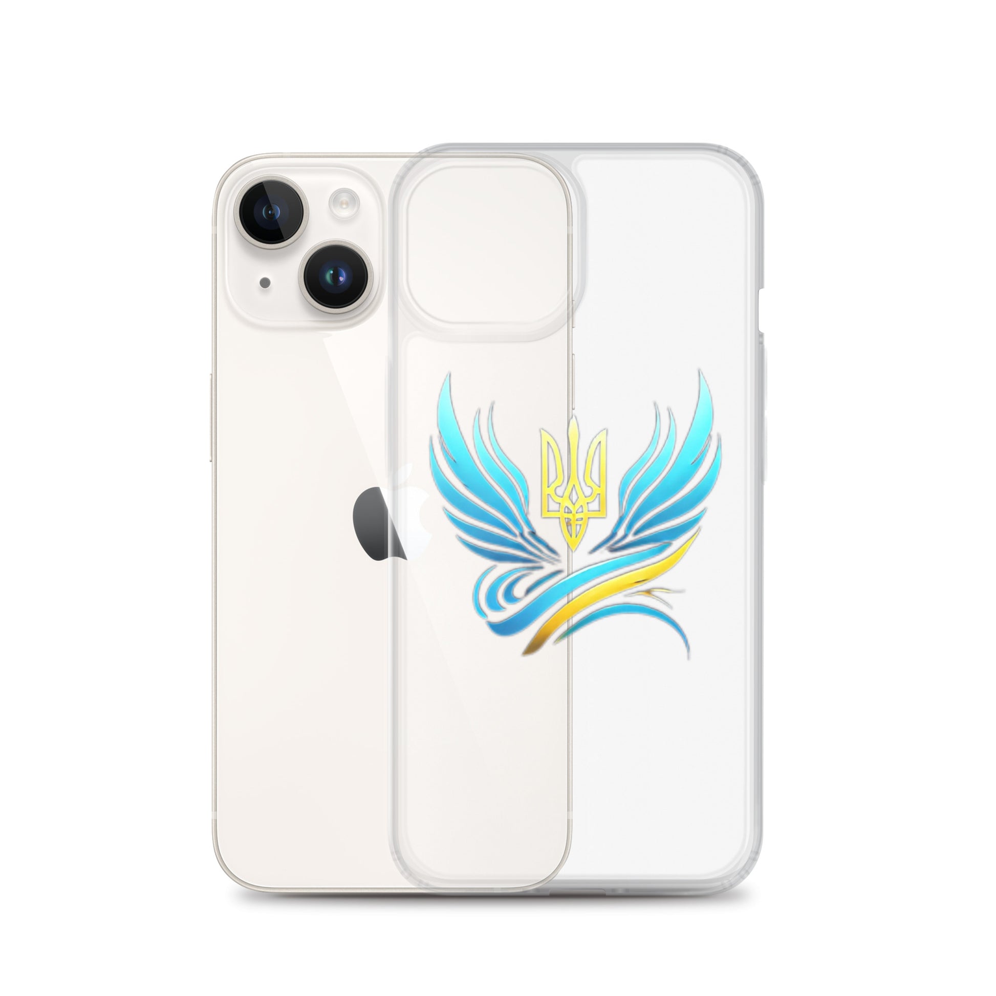 Clear iPhone case with Ukrainian Tryzub emblem, showcasing blue and yellow design, protective and flexible with precise port cutouts.