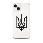 Clear iPhone case with Ukrainian Tryzub symbol, showcasing style and protection with flexible sides and precise port openings.