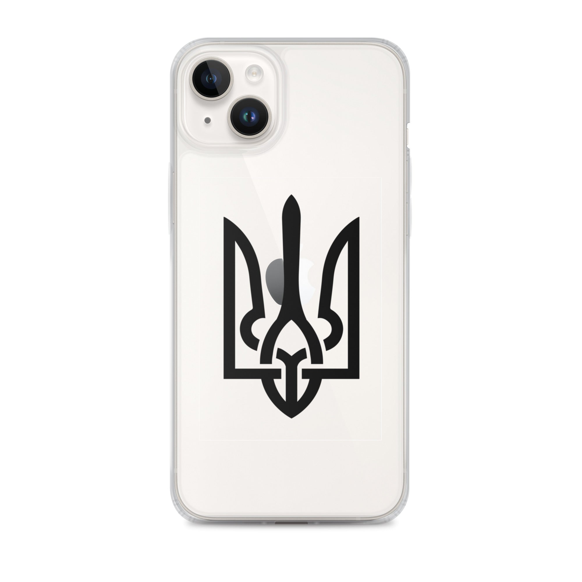 Clear iPhone case with Ukrainian Tryzub symbol, showcasing style and protection with flexible sides and precise port openings.