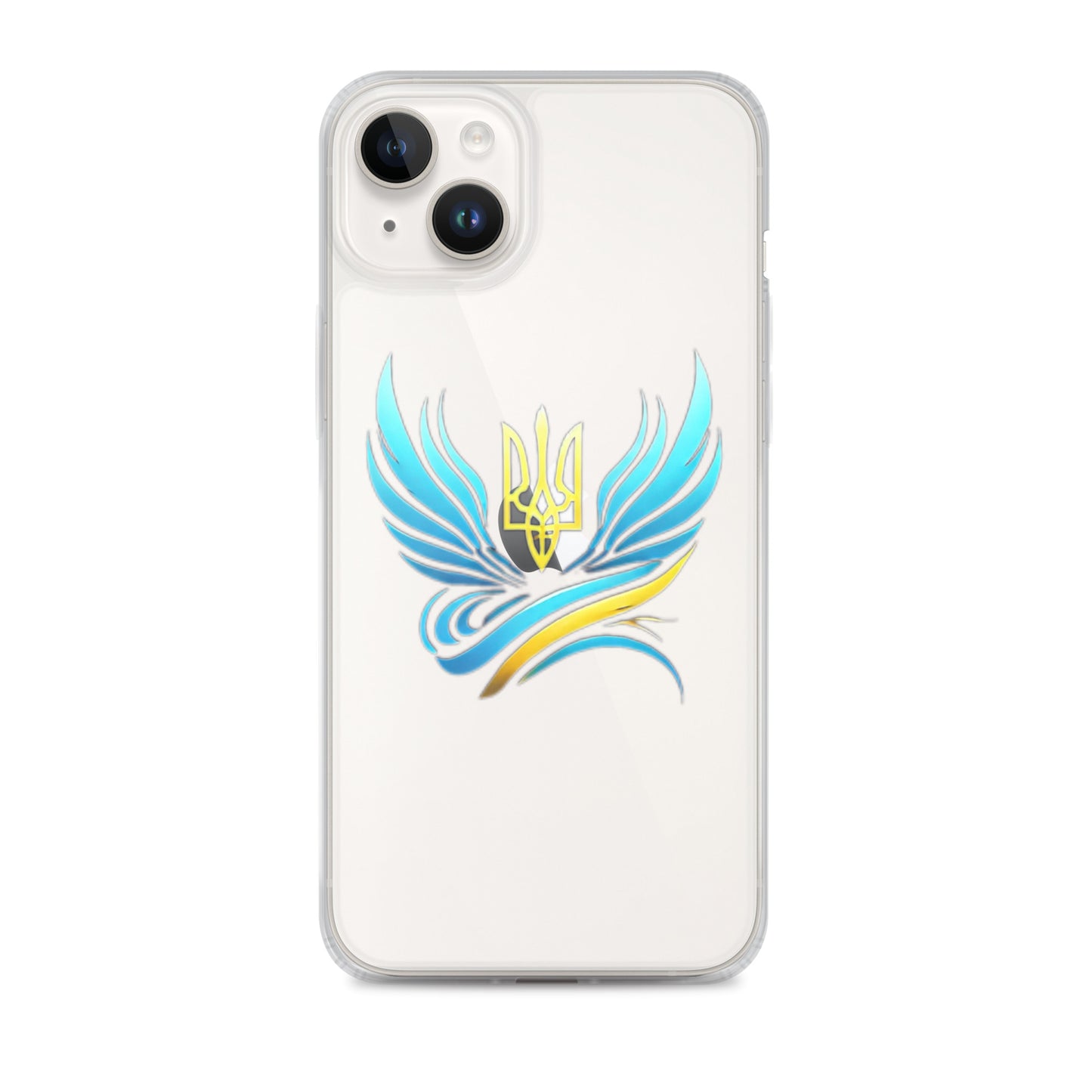 Clear iPhone case with Ukrainian Tryzub emblem, showcasing patriotic design and sleek protection.