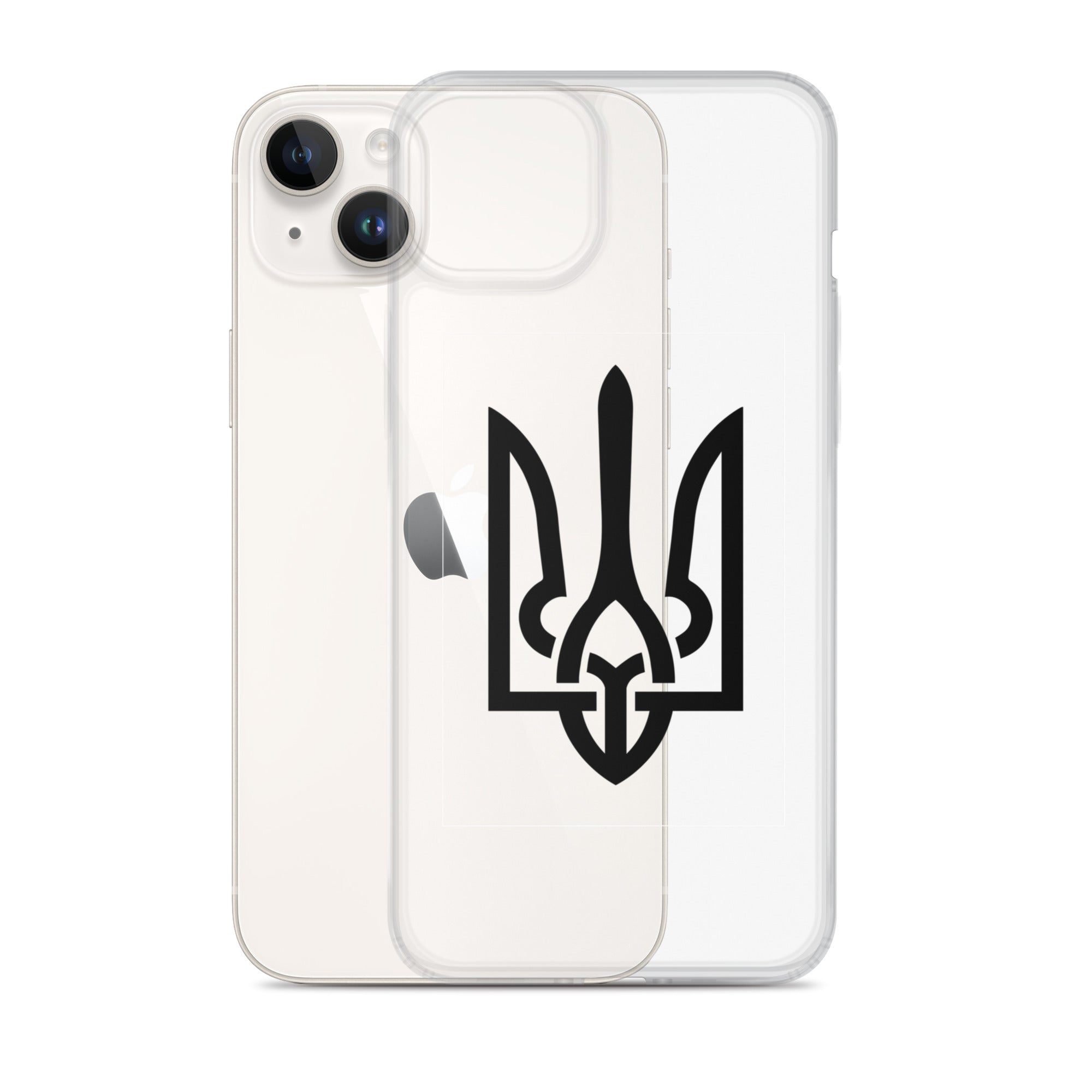 Clear iPhone® case with Ukrainian Tryzub symbol showcasing protection and style, easy access to ports and flexible sides.