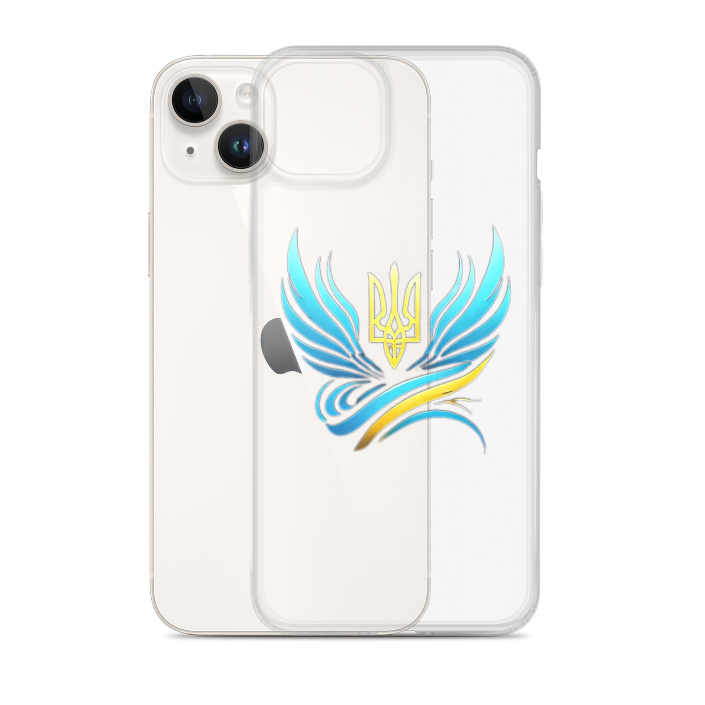 Clear iPhone case with Ukrainian Tryzub emblem, showcasing phone color and offering protection against scratches and impacts.