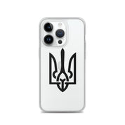 Clear iPhone case with Ukrainian Tryzub symbol, showcasing style and protection. Durable, flexible design with precise port openings.