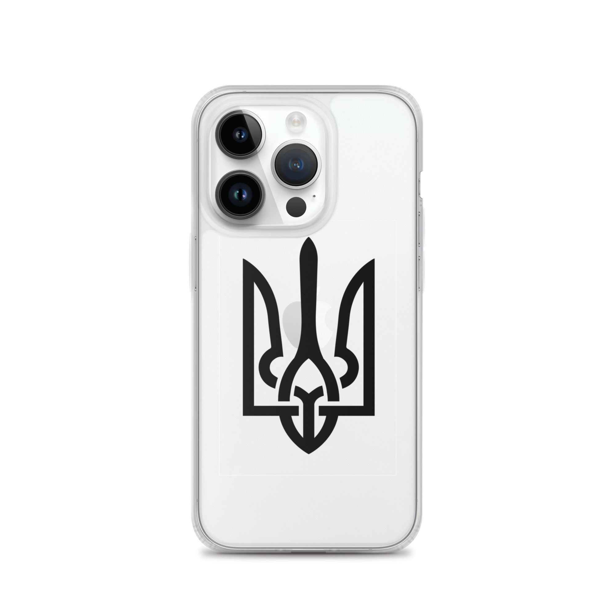 Clear iPhone case with Ukrainian Tryzub symbol, showcasing style and protection. Durable, flexible design with precise port openings.