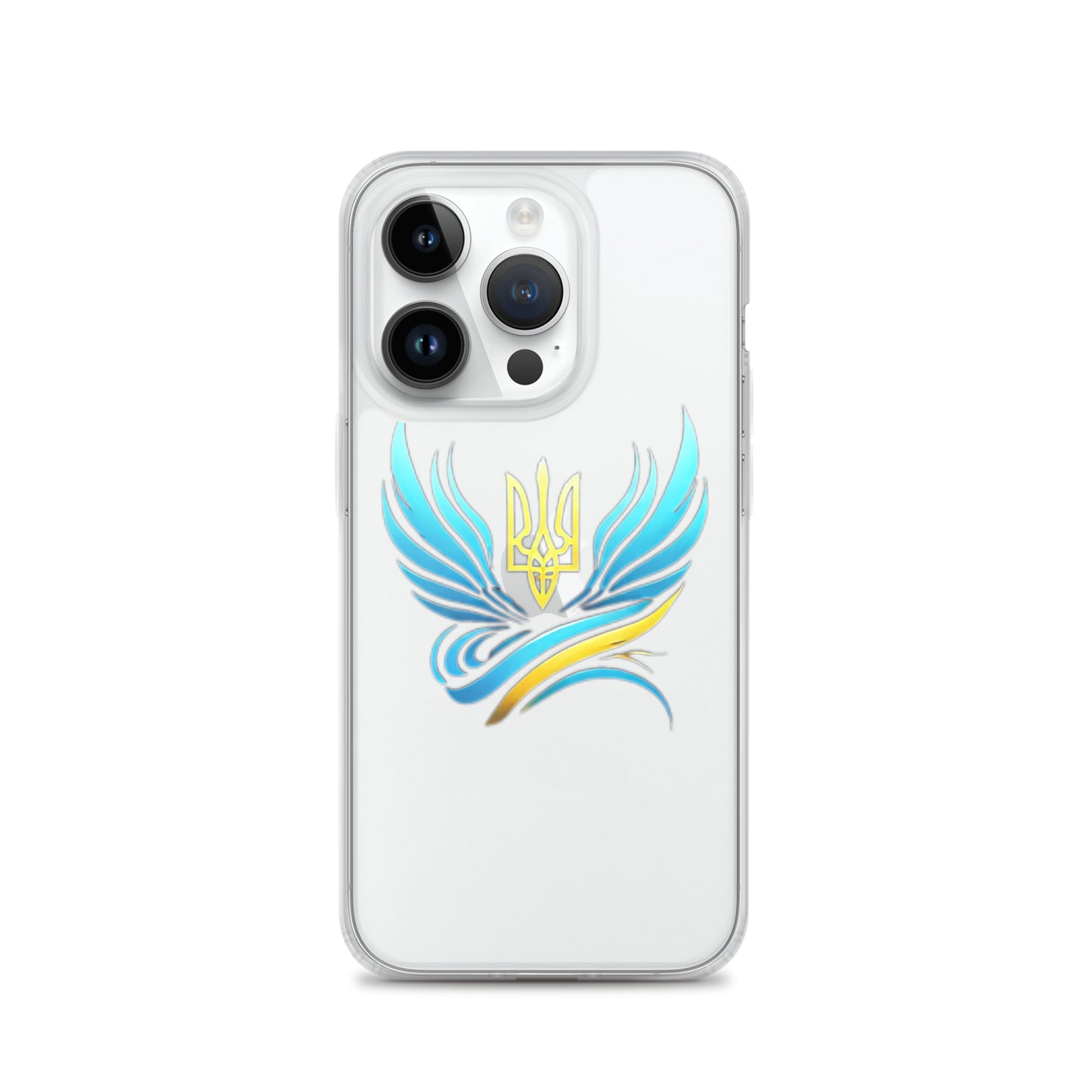 Clear iPhone case with Ukrainian Tryzub emblem in blue and yellow, showcasing national pride and providing protective features.