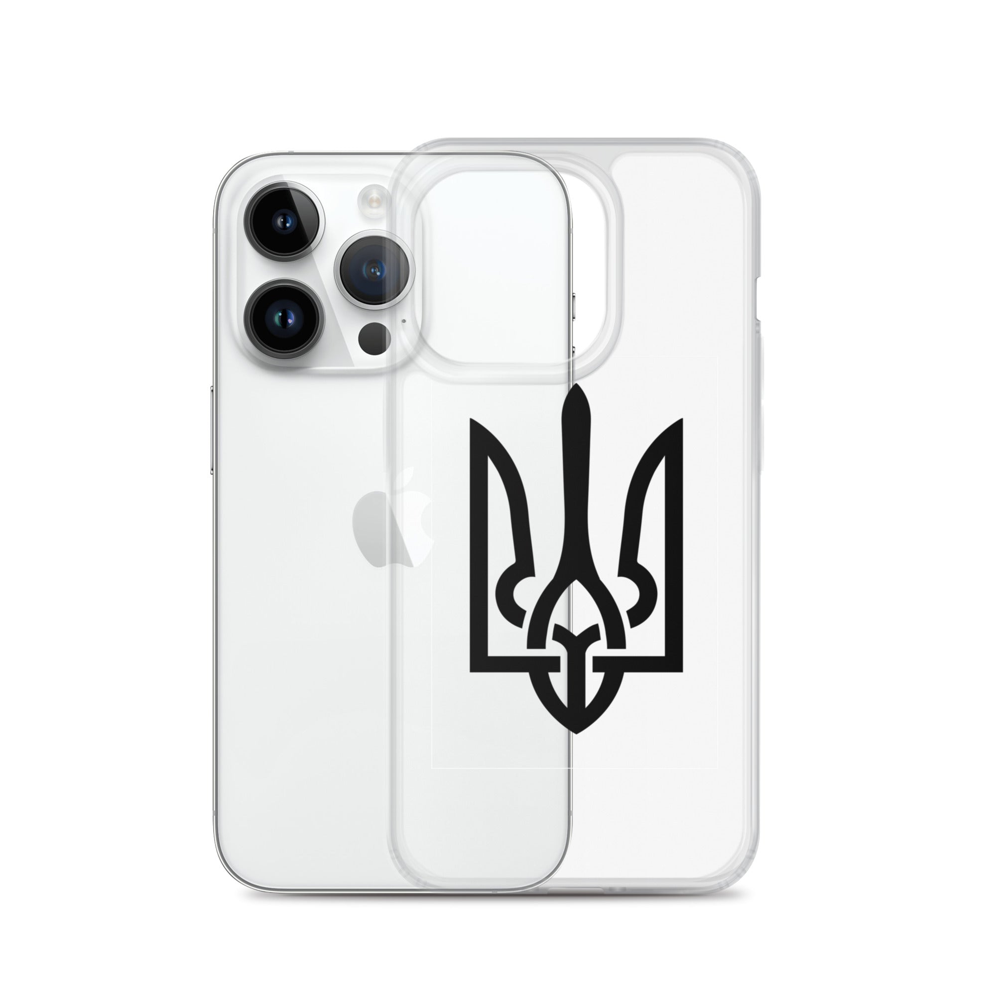 Clear iPhone case with Ukrainian Tryzub symbol showcasing style and protection, flexible design with precise port openings.