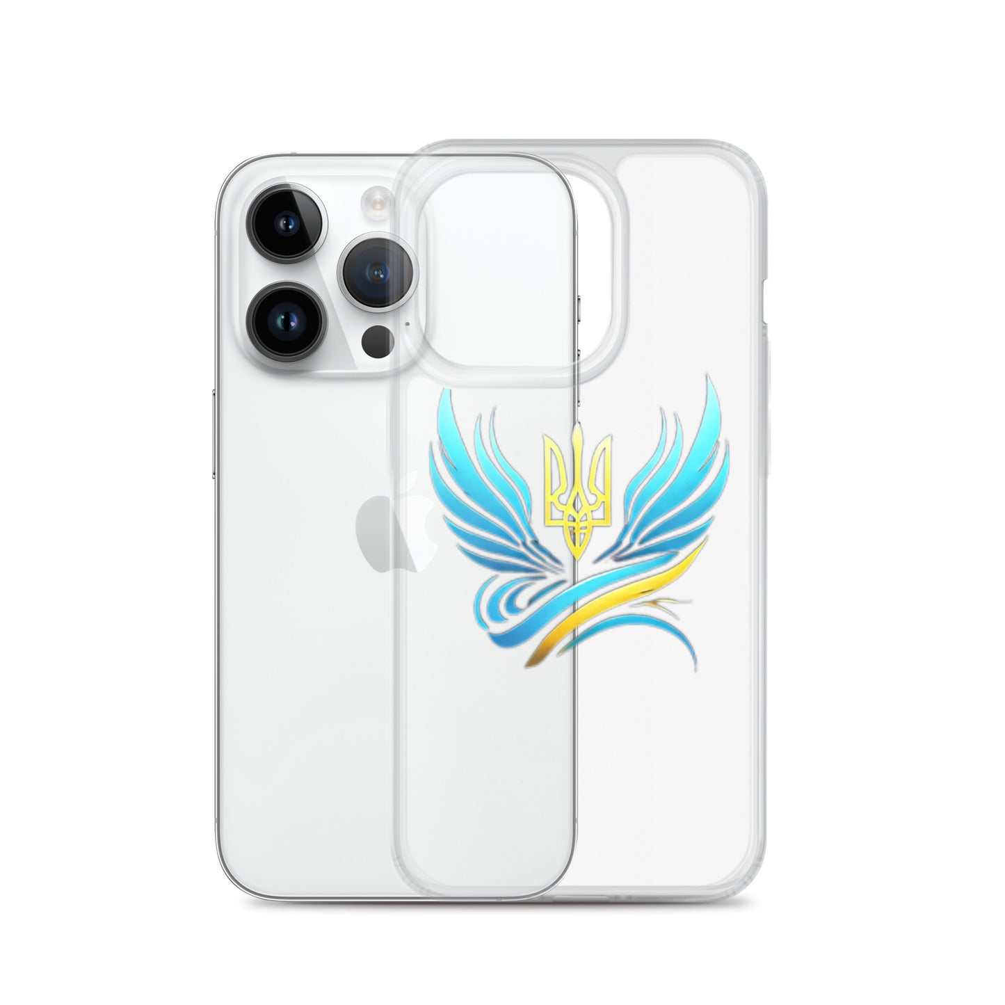 Clear iPhone case with Ukrainian Tryzub emblem and blue-yellow design, showcasing Ukrainian pride while protecting the phone.