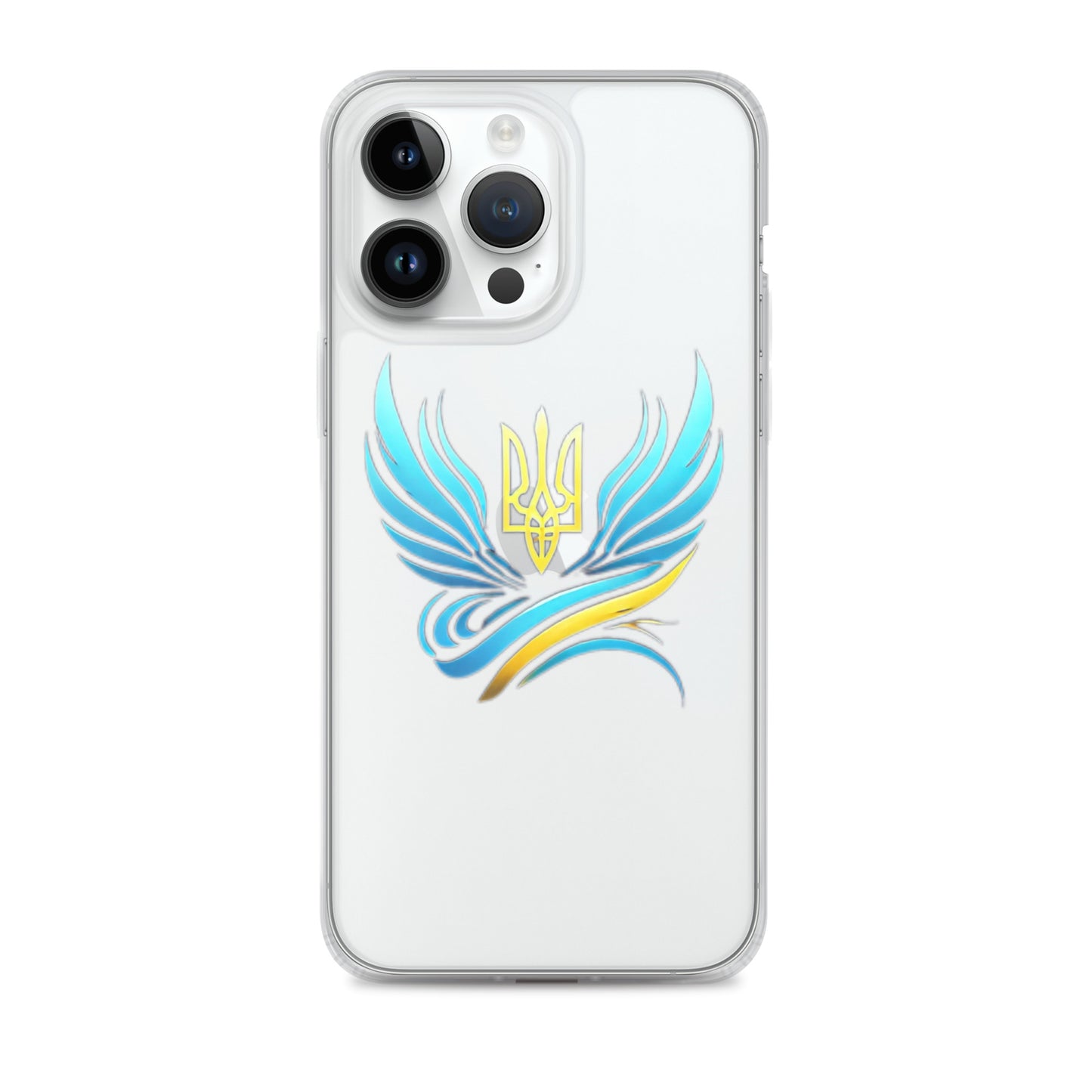 Clear iPhone case with Ukrainian Tryzub emblem, showcasing national pride and phone protection with flexible sides and precise cutouts.