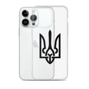 Clear iPhone case with Ukrainian Tryzub symbol, offering stylish protection and easy access to ports while displaying phone's color.